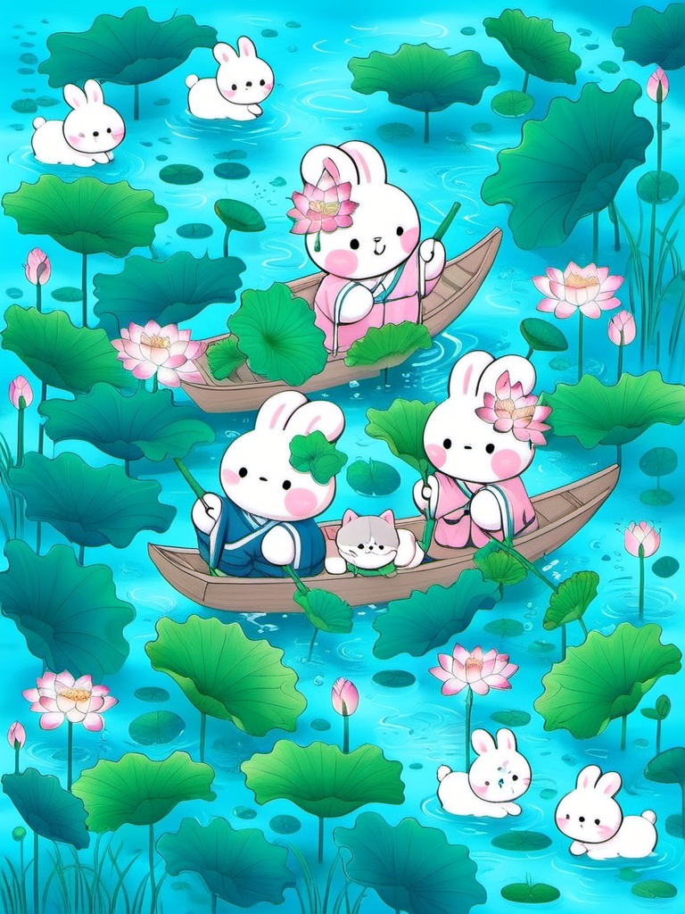 tuzi,A lively, hand-drawn scene with adorable white rabbits chilling in a wooden boat on a chill pond. The rabbits, decked out in traditional Japanese kimonos, are surrounded by lush green lily pads and pink lotus flowers. One rabbit's got a tiny green frog on its shoulder, while another is clutching a bowl of fruit. The water's a gentle blue, and the whole vibe is peaceful and whimsical, with Japanese calligraphy up top.,<lora:tuzi_v1:0.8>