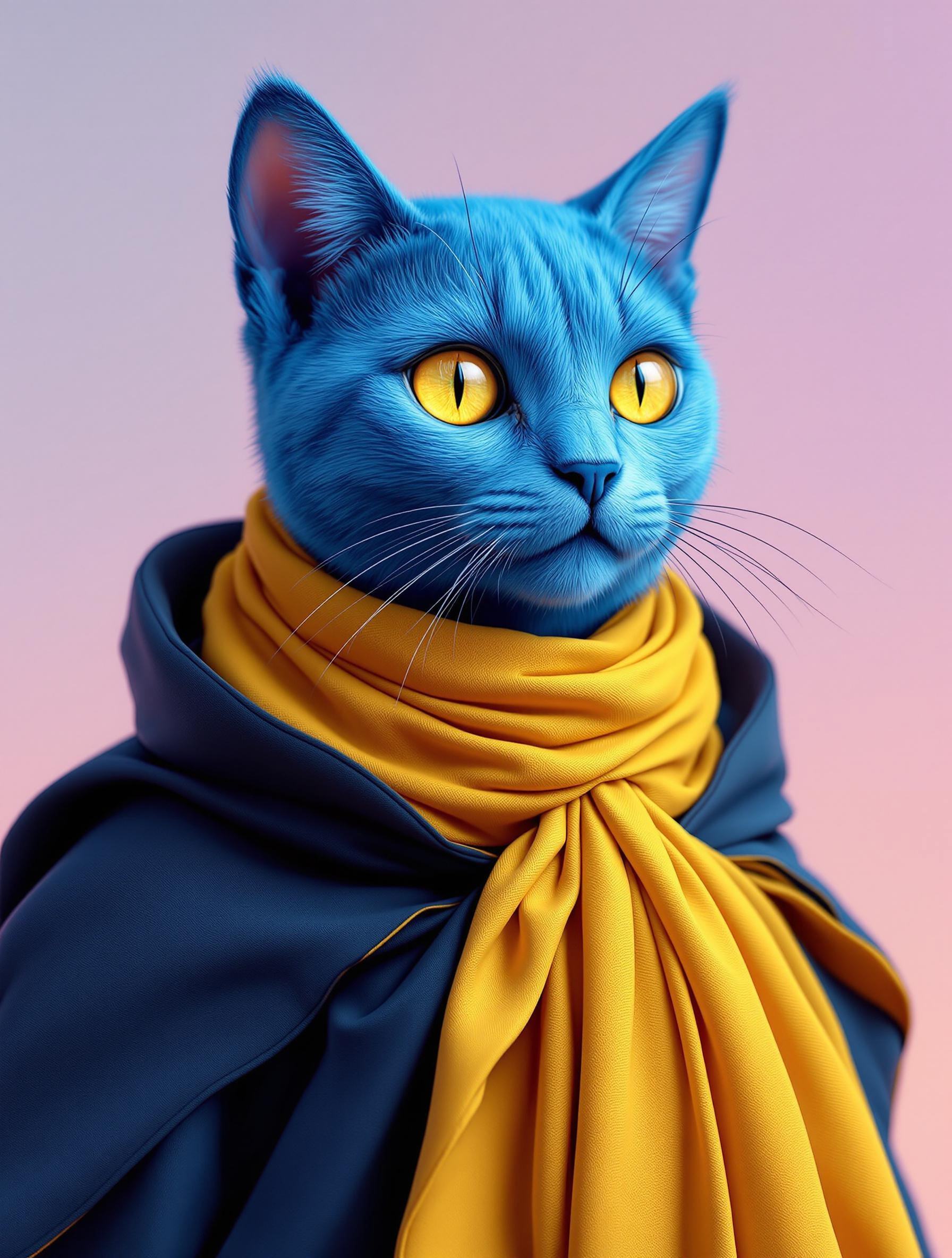 a highly detailed CGI rendering depicting a surrealistic portrait of a cat-like creature with human-like features. The sub...