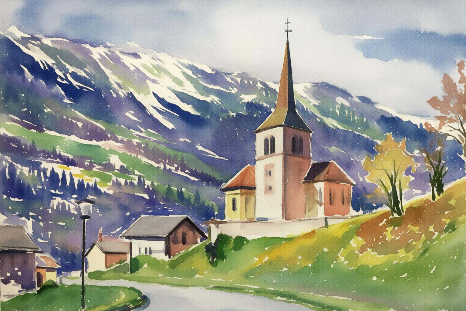 watercolorbasic2q watercolor painting.A village scene featuring a small church with a tall,  pointed steeple,  situated on...