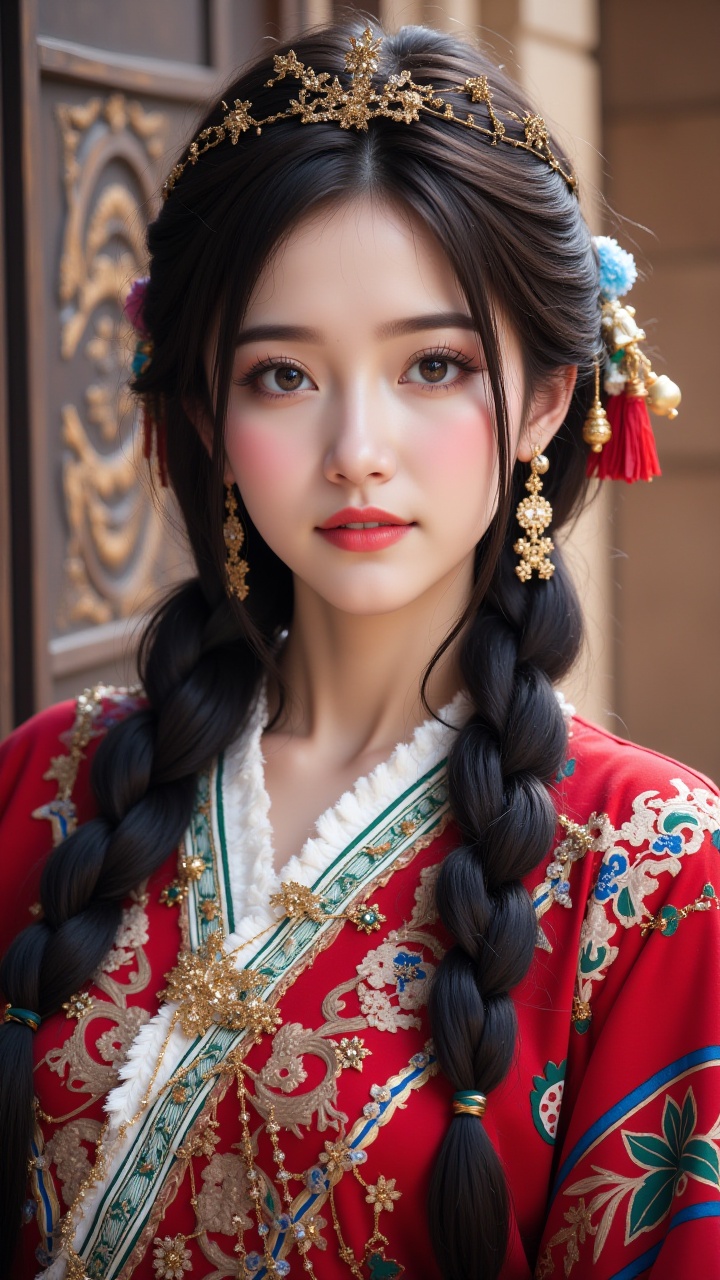 (masterpiece, best quality:1.2),1girl, black hair, braid, brown eyes, building,Chinese architecture ,Tibetan headwear,Tibetan Earrings,Tibetan jewelry,Tibetan girl ,Chinese Tibetan clothing, jewelry, lips, long hair, looking at viewer, solo, twin braids