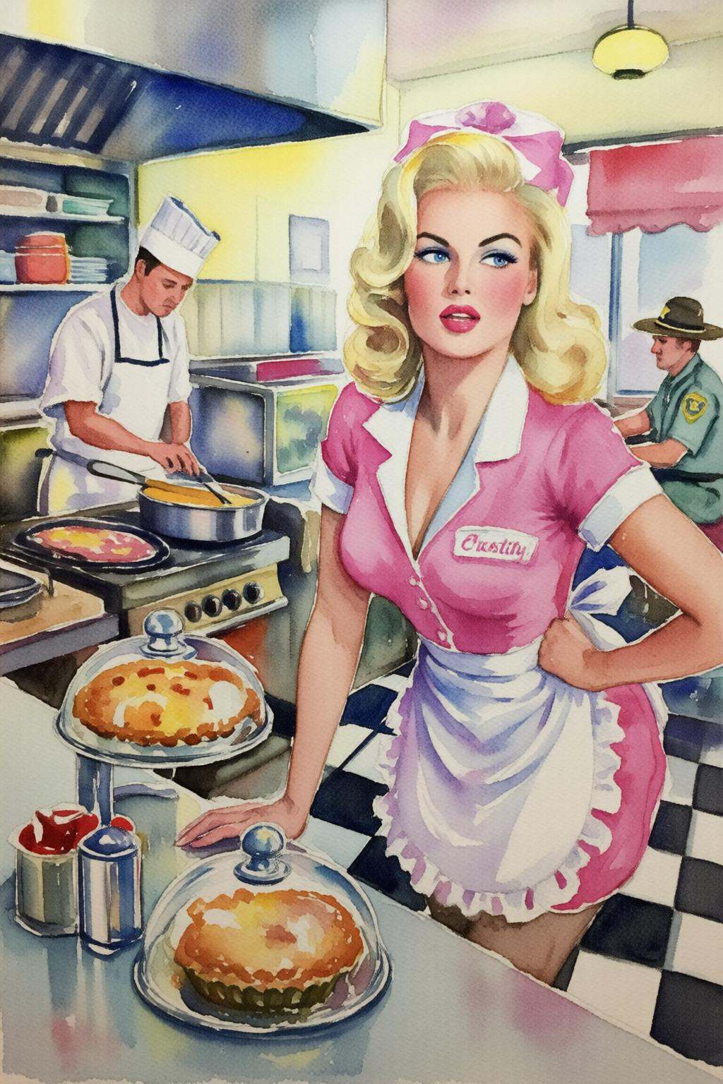 watercolorbasic2q watercolor painting. Silmas. A waitress named "Chastity" standing behind the formica counter of a sun-dr...