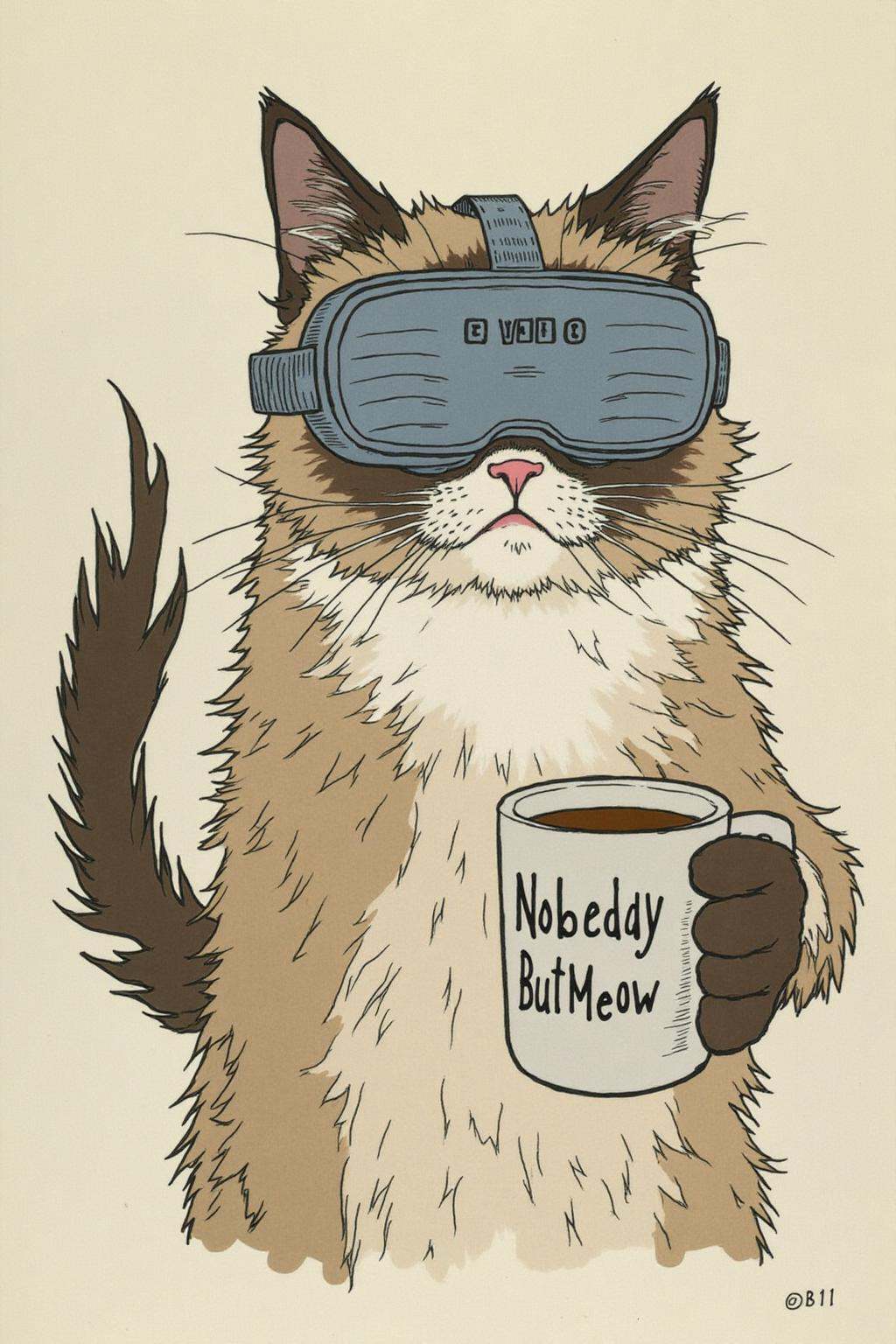 ivanbilibin1 illustration. Grumpy Cat holding a coffee mug,  wearing a VR Headset. The mug has the phrase "NobodyButMeow"...