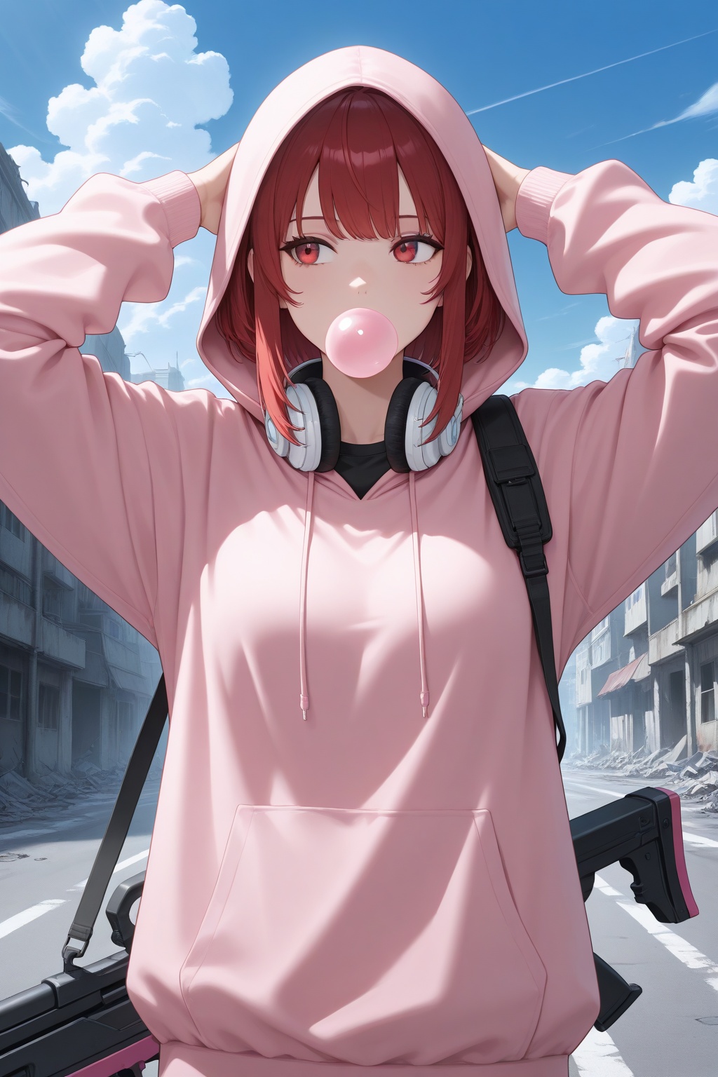 masterpiece, best quality, very aesthetic, ultra-detailed, absurdres, upper body, facing viewer, hands behind own head, 1girl, solo, look away, red hair, medium hair, choppy bangs, himecut, sidelocks, red eyes, bubble gum, pink hoodie, hood up, black shirt, techwear, plasma rifle, (weapon on own behind), headphone on neck, apocalypse, ruined city, blue sky, street, clouds, sci-fi