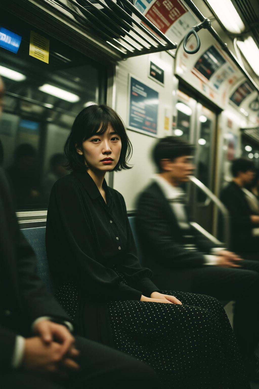 midjourneymix10q photograph.On the left sits a tired-looking Japanese woman with short hair,  dressed in a black outfit wi...