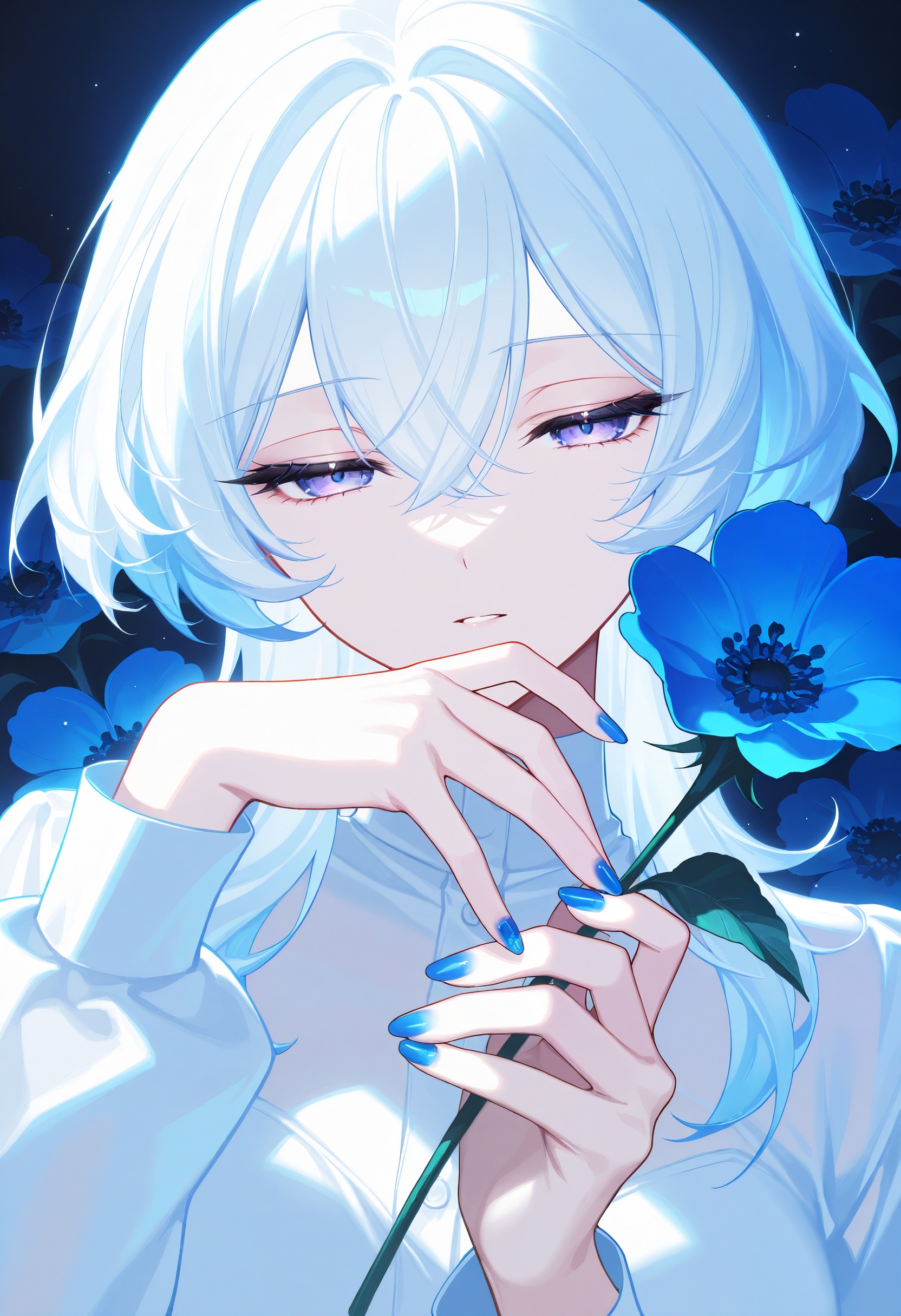1girl,  looking at viewer,  holding a big blue flower on Tensor.Art