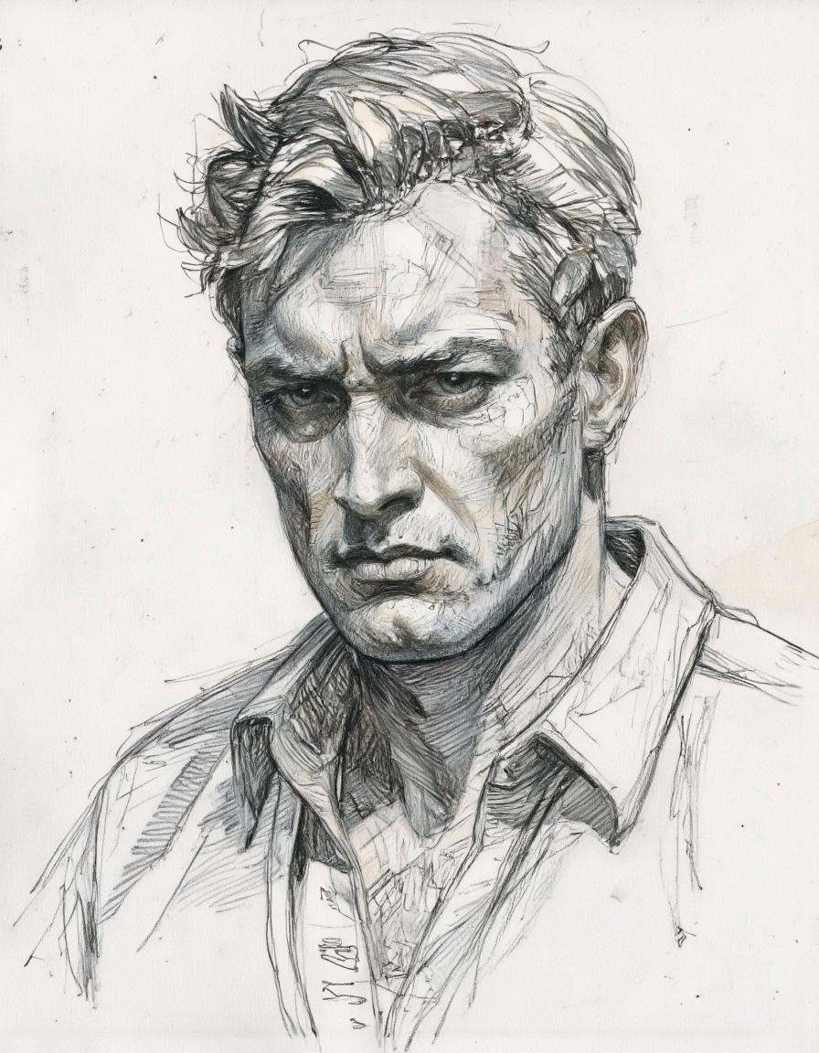 This is a highly detailed,  monochromatic pencil drawing of a man's face. The subject is depicted in a realistic style,  c...
