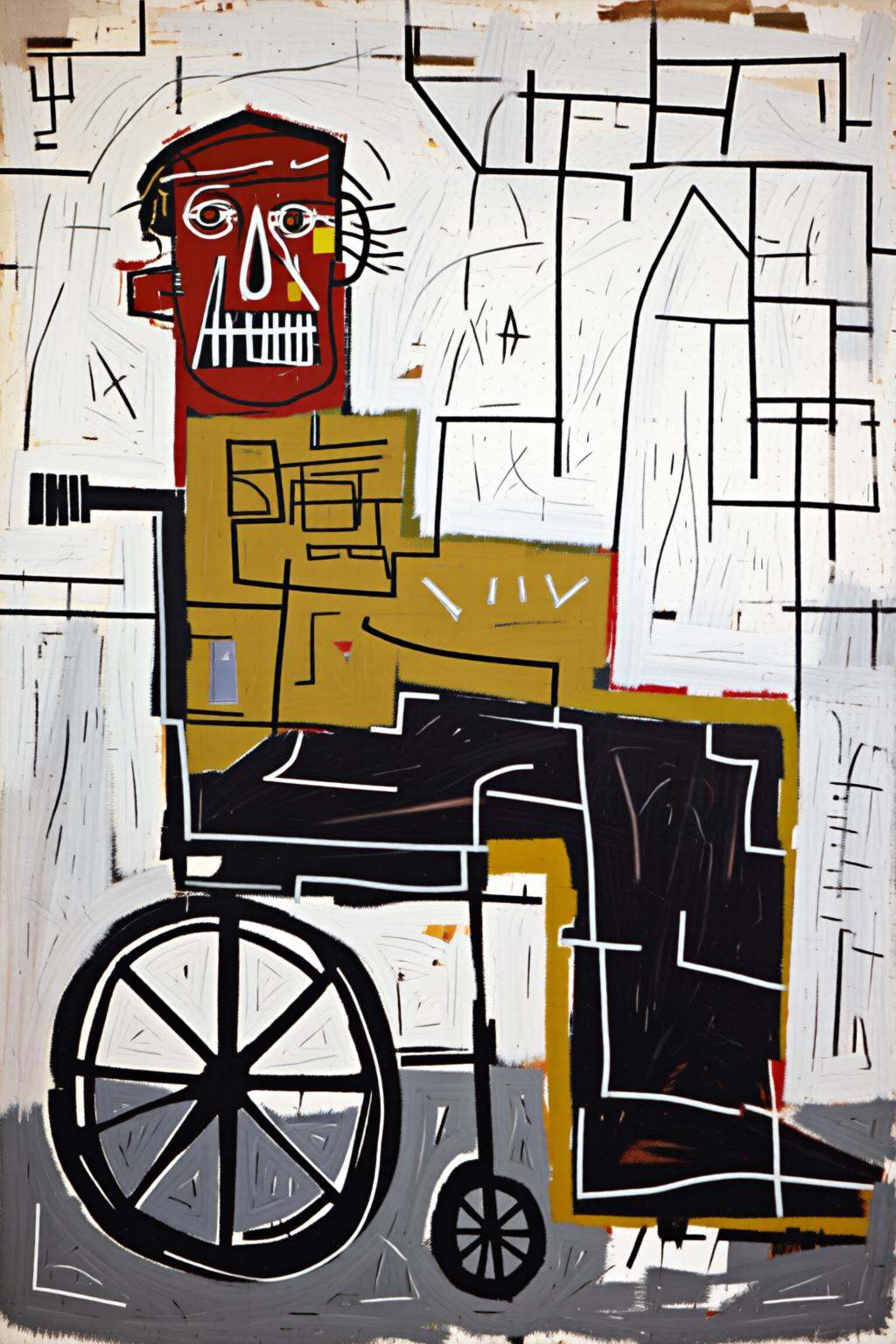 jeanmichelbasquiat2q painting.A abstract,  geometric pating of a man sitting on a wheelchair. on Tensor.Art
