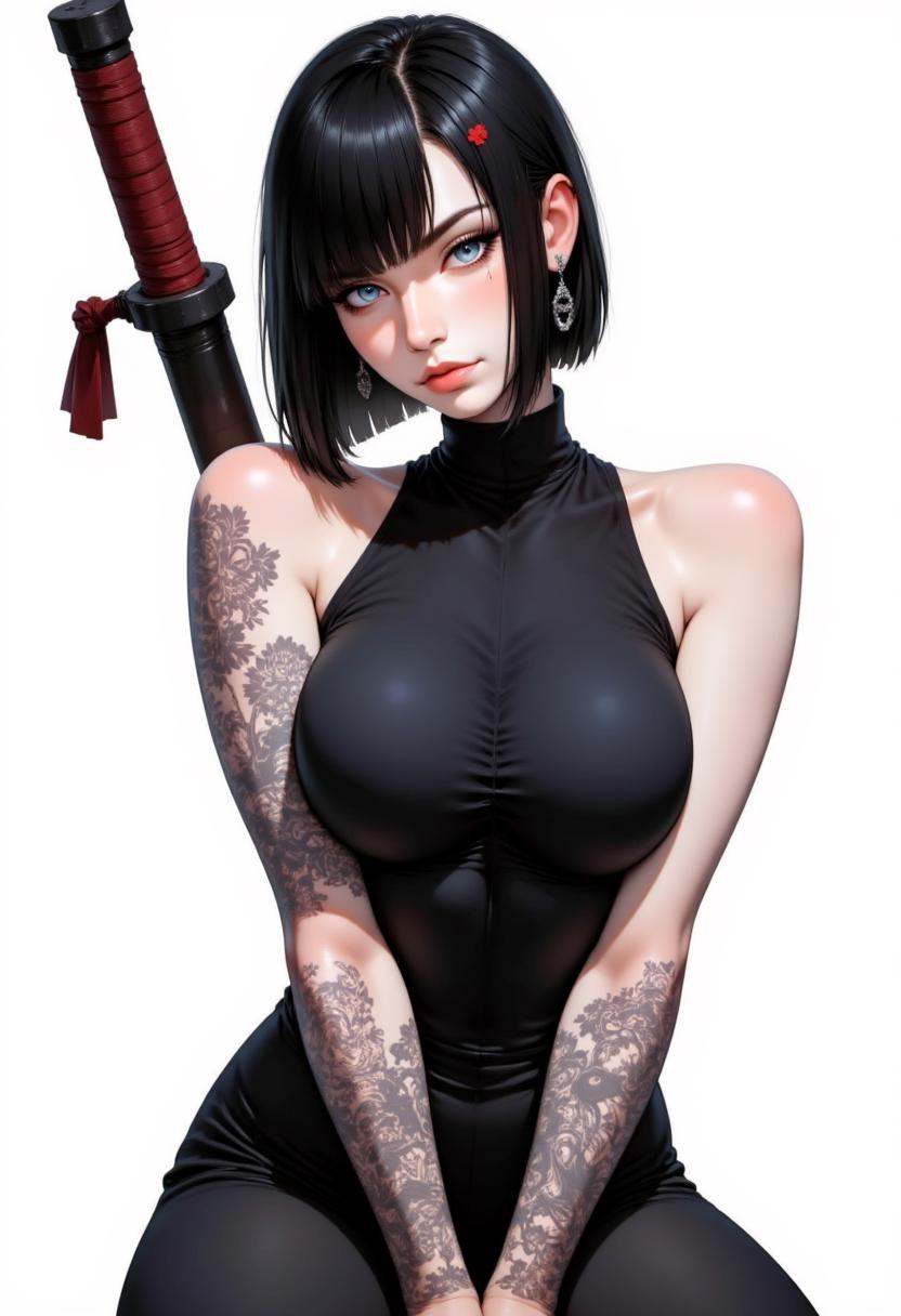 This is a highly detailed digital illustration in a realistic anime style. The central figure is a young woman with pale s...