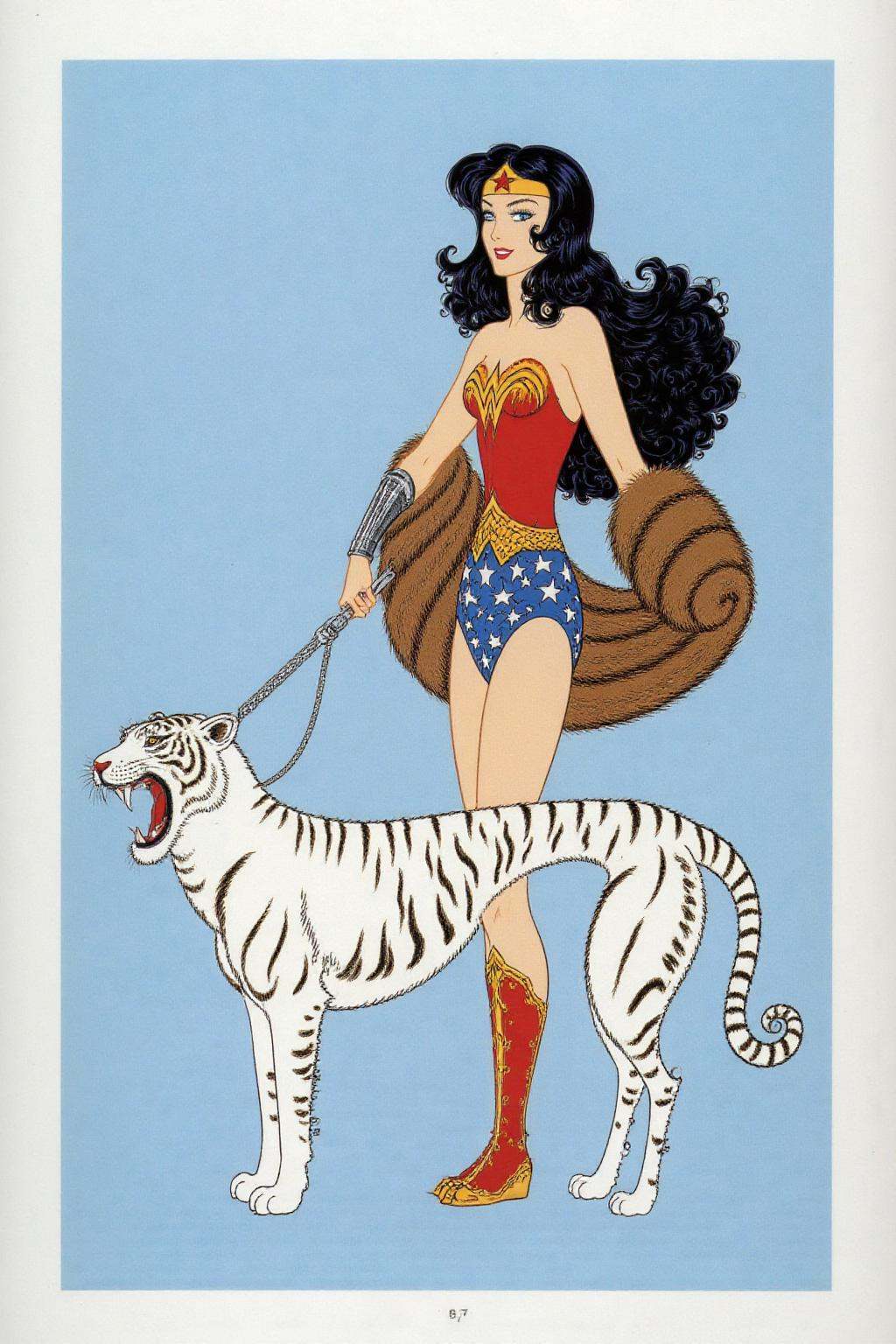 erte1 illustration. Wonder Woman posing with a tiger. She is holding a leash attached to a sleek,  white tiger,  which is...