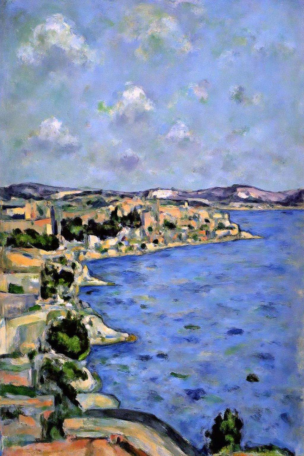 pau1cez painting.Landscape featuring a blue sea,  which stretches from the bottom of the image to the horizon. The water's...