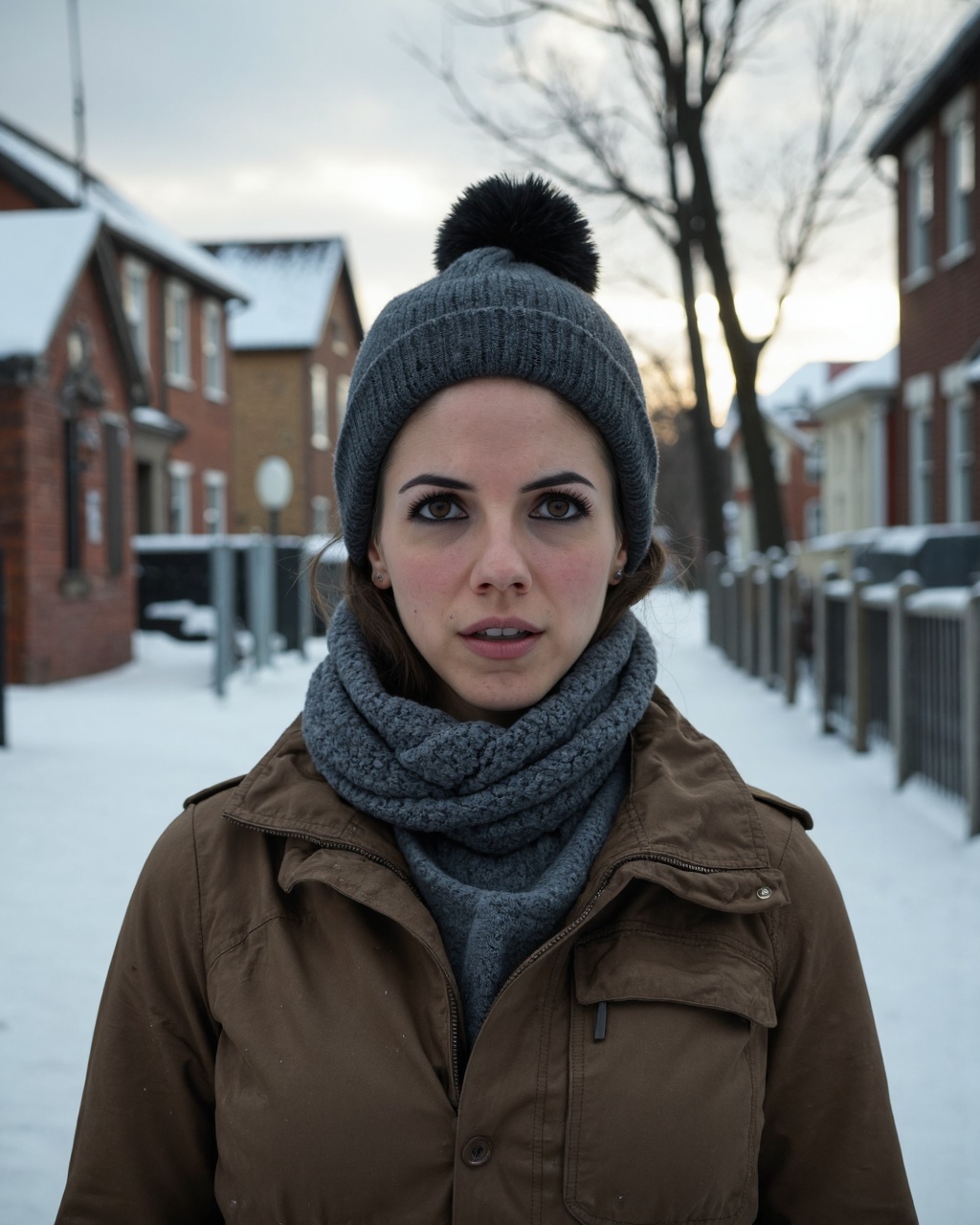 anna_silk standing in a snowy,  winter street. She has light skin and light brown hair,  which is peeking out from beneath...