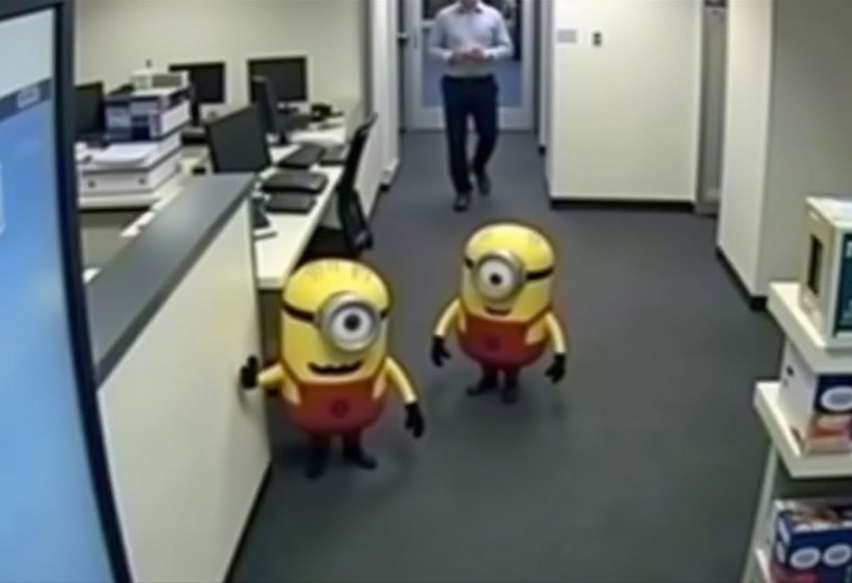 minion in reality carries a sticky bomb vest and rob a office. caught on cctv camera. The viewpoint is taken from a CCTV c...