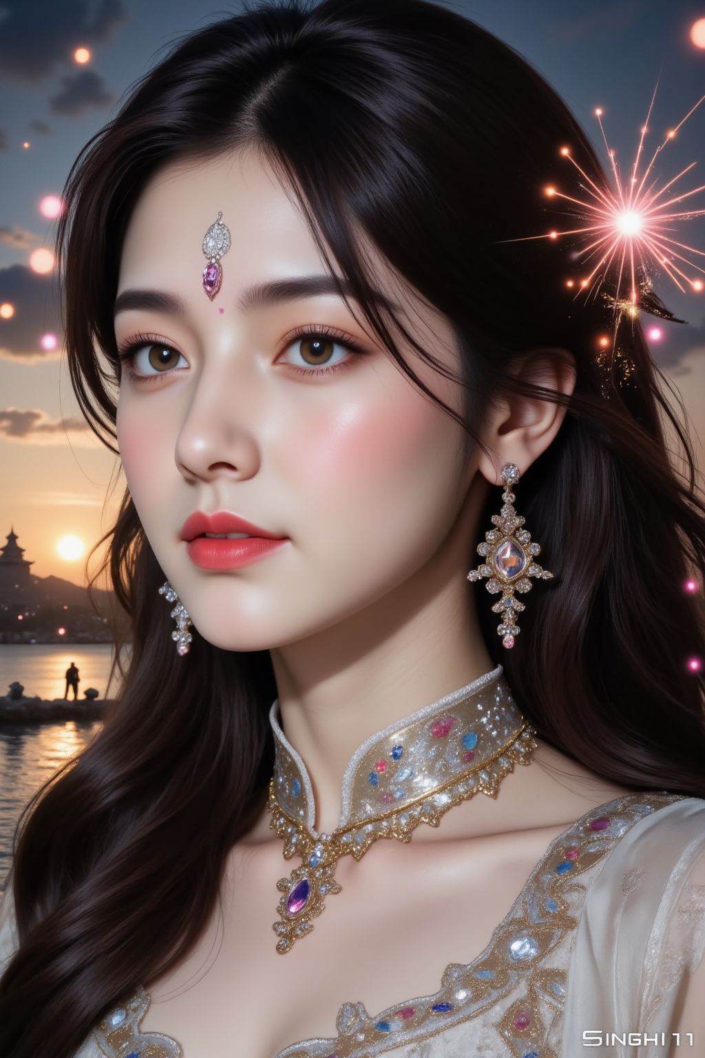 The image depicts a woman with long,  dark hair adorned with intricate earrings. She is wearing traditional attire with de...