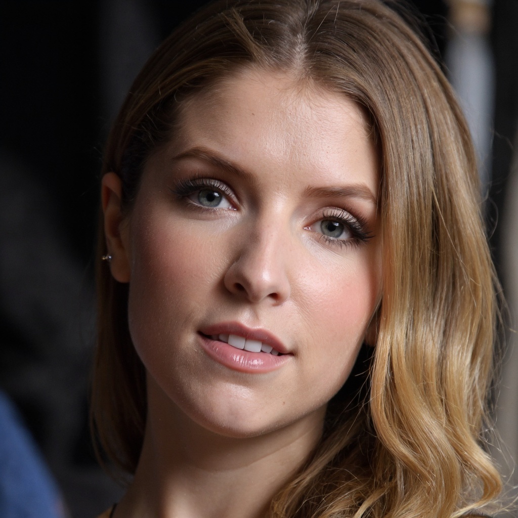 The photograph is a close-up,  high-resolution portrait of anna_kendrick with fair skin and long,  wavy blonde hair. Her f...