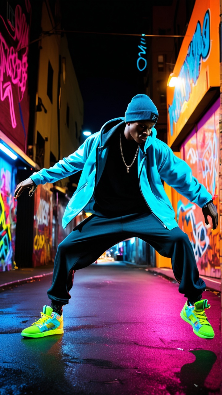 A high-energy capture of a male street performer executing a perfect breakdance freeze against a backdrop of vibrant graff...