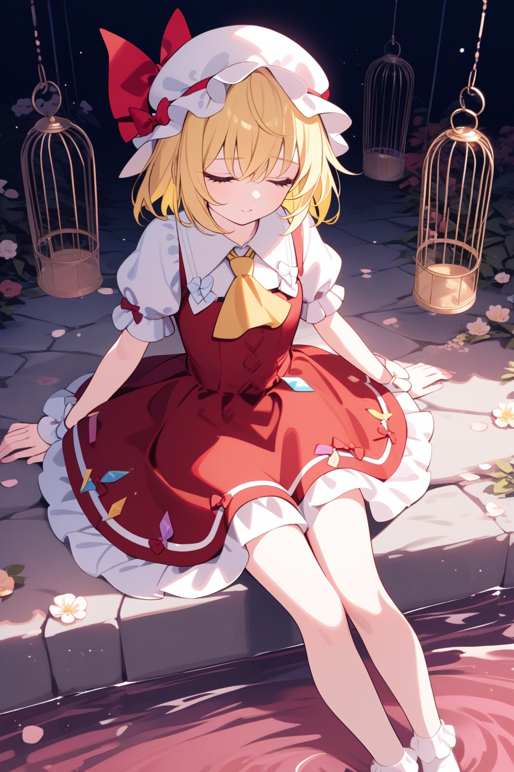 1girl, flandre scarlet, solo, best quality, aesthetic, feet out of frame, sitting, holding, closed eyes, blonde hair, blood, mob cap, red dress, white socks, hat bow, white shirt, puffy short sleeves, frills, red ribbon, wings, birdcage, white headwear, red bow, flower, yellow ascot, wrist cuffs, water