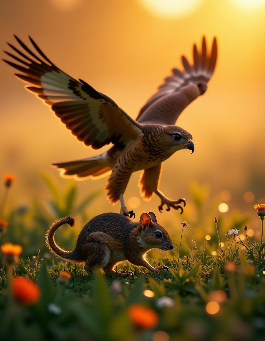 neolight,  nature animal photography. the setting is a spectacular meadow at dawn. dew on the grass and wildflowers. (the...