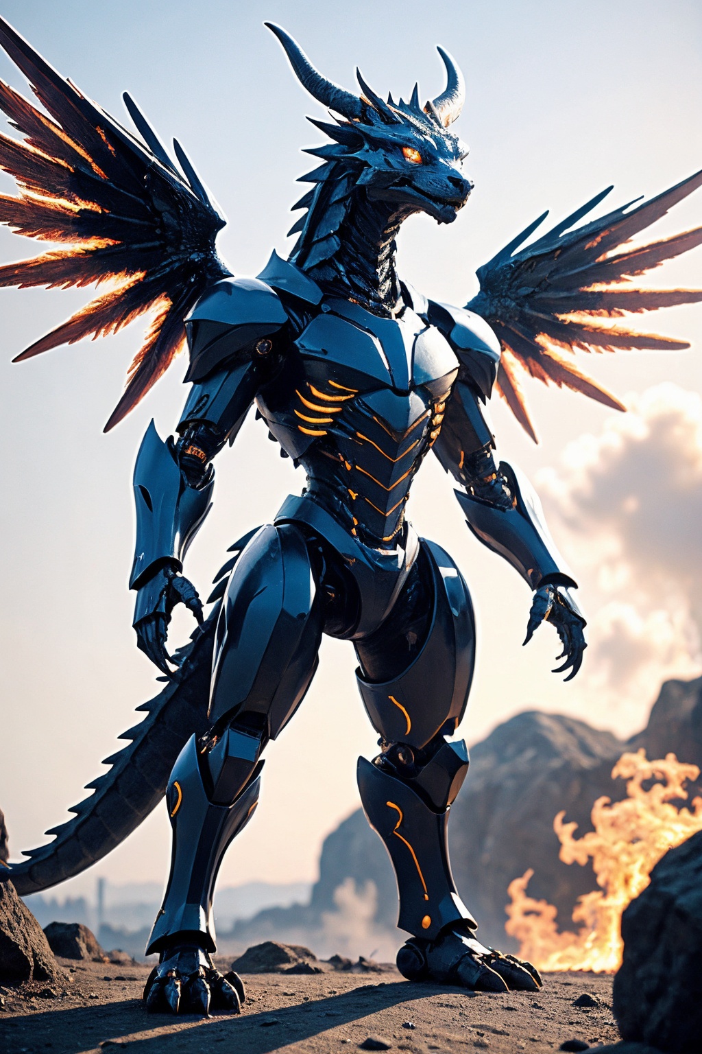 no humans, blue eyes, sky, outdoors, horns, glowing eyes, claws, glowing, cloud, day, wings, standing, blurry, solo, electricity, looking at viewer, blurry background, blue sky, full body, tail, rock, fire, robot, cloudy sky, dragon, creature