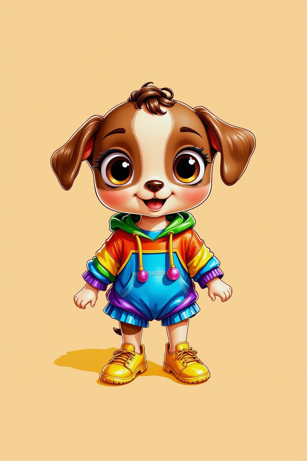 SK,SK,A cheerful cartoon dog with big eyes,a colorfully striped hoodie and yellow shoes.,