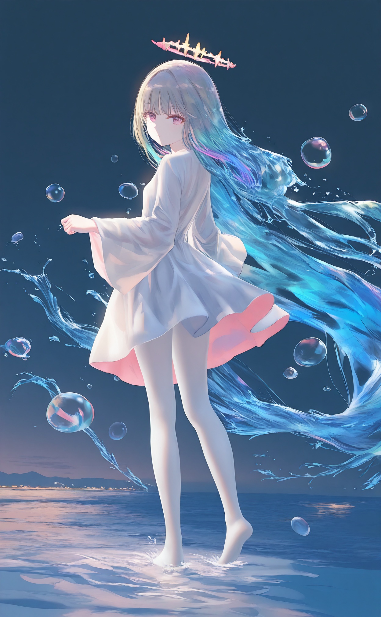 masterpiece,best quality,high quality,(colorful),artist Alens,Artist torino aqua,Artist\:ciloranko,Artist hiten \(hitenkei\),artist wlop,artist tianliangduohefangdongye,loli,1girl,solo,long hair,halo,dress,white dress,very long hair,absurdly long hair,full body,looking at viewer,multicolored hair,colored skin,liquid hair,long sleeves,looking back,wide sleeves,purple eyes,white pantyhose,barefoot,soles,blonde hair,from behind,pantyhose,blue hair,gradient hair,standing,pink eyes,aqua hair,expressionless,white skin,grey hair,water,floating hair,bubble,two-sided fabric,short dress,green skin,