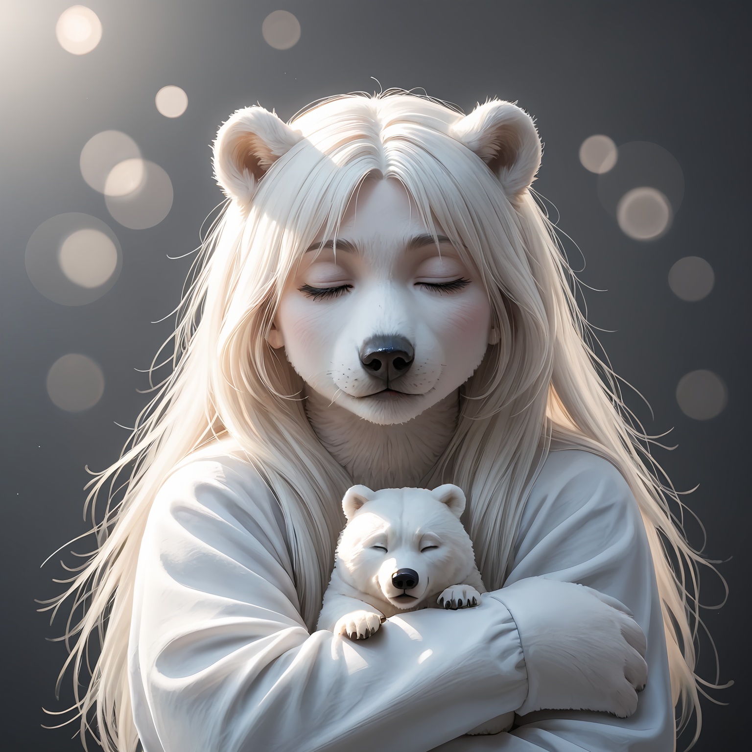 Impressionist painting,  closeup of a young woman with white long hair hugging her huge fluffy white ice bear,  closed eye...