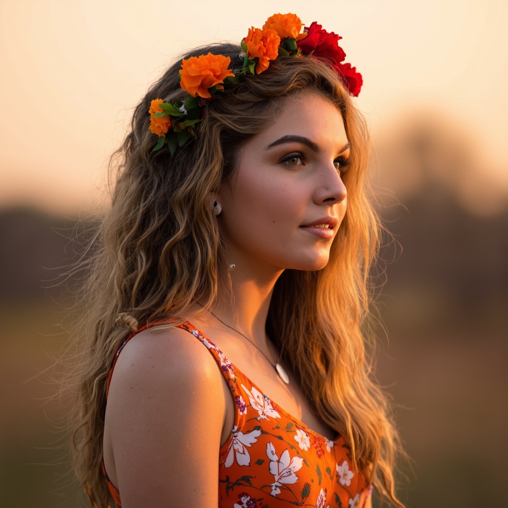 A portrait camren_bicondova captured in a side profile, bathed in the warm glow of the setting sun. She wears a floral crown of orange and red flowers, and her long, wavy hair flows down her back. The woman wears a sleeveless, orange dress with white floral patterns, accessorized with a delicate necklace and dangling earrings. The background is blurred, highlighting the woman as the main subject. The image evokes a serene and contemplative mood, with the warm colors of the sunset creating a dreamy atmosphere.