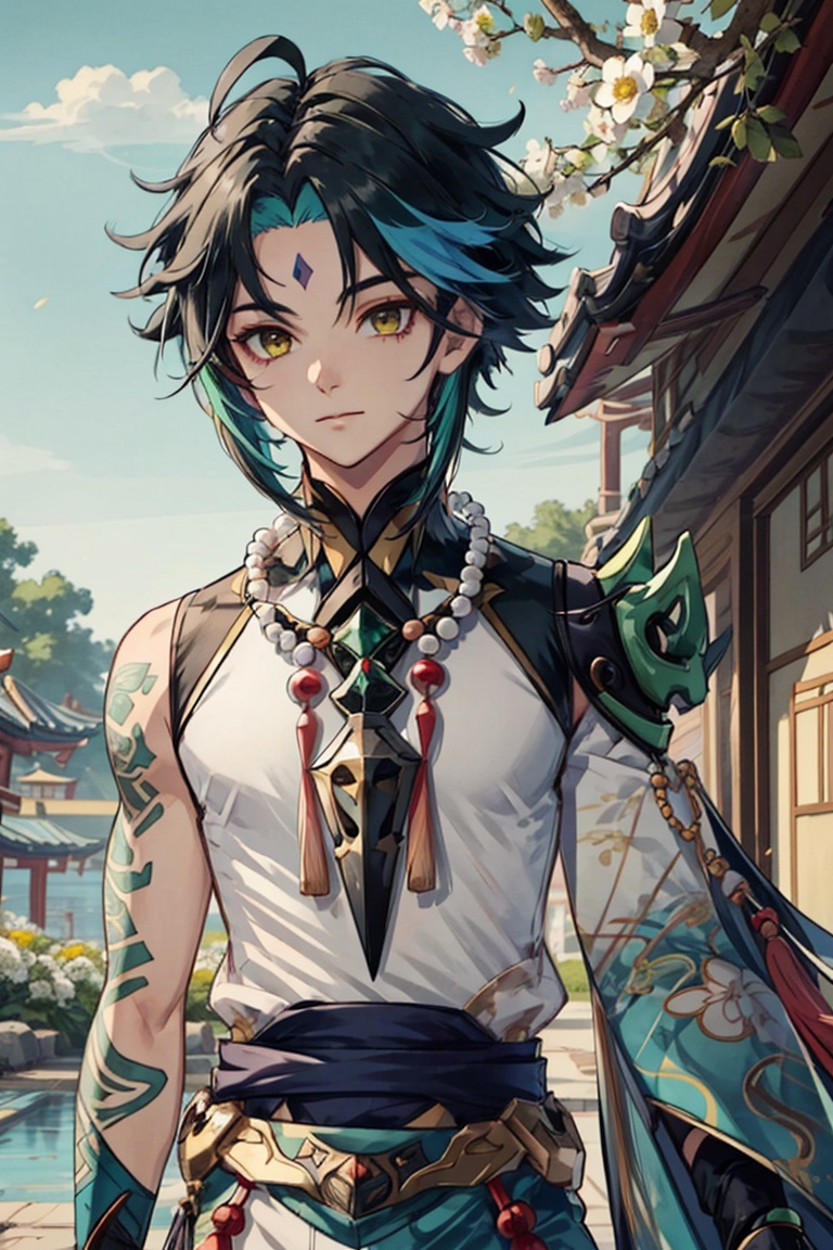 <lora:xiao:0.8>,xiao (genshin impact),1boy,solo,male focus,bead necklace,arm tattoo,tassel,yellow eyes,jewelry,forehead mark,multicolored hair,facial mark,black hair,green hair,closed mouth,ahoge,green gloves,bangs,asymmetrical clothes,outdoors,looking at viewer,white flower,tree,upper_body,