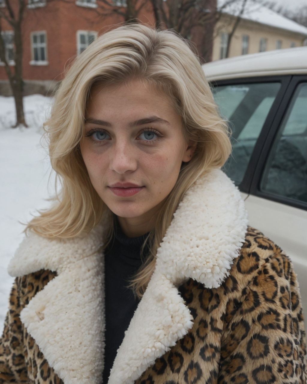 a woman portrait with blonde hair,  beautiful russian eyes,  dressed in a fur coat with a leopard print on Tensor.Art