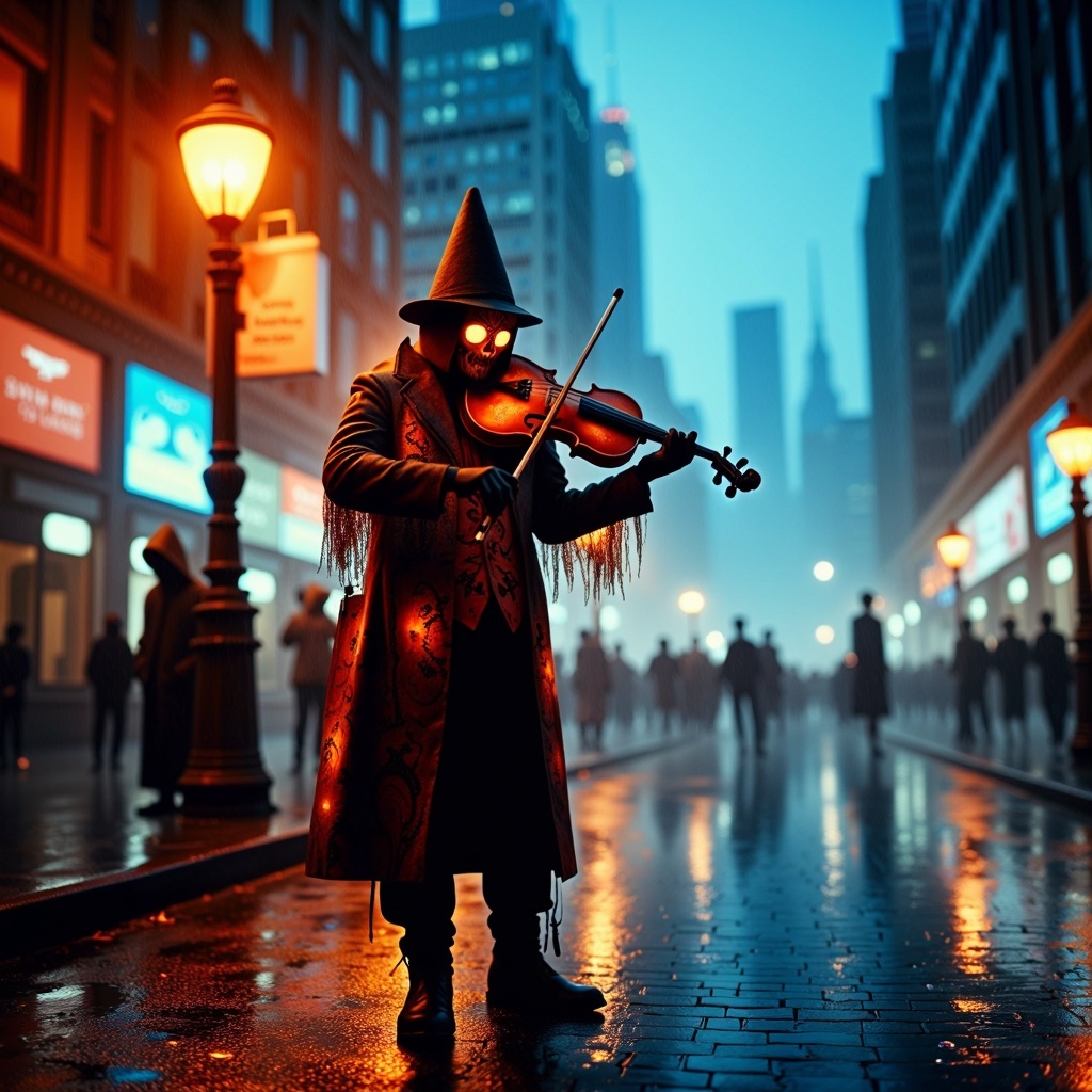 HalloweenGlowStyle orange themed melancholic violinist,  cityscape,  night time on Tensor.Art