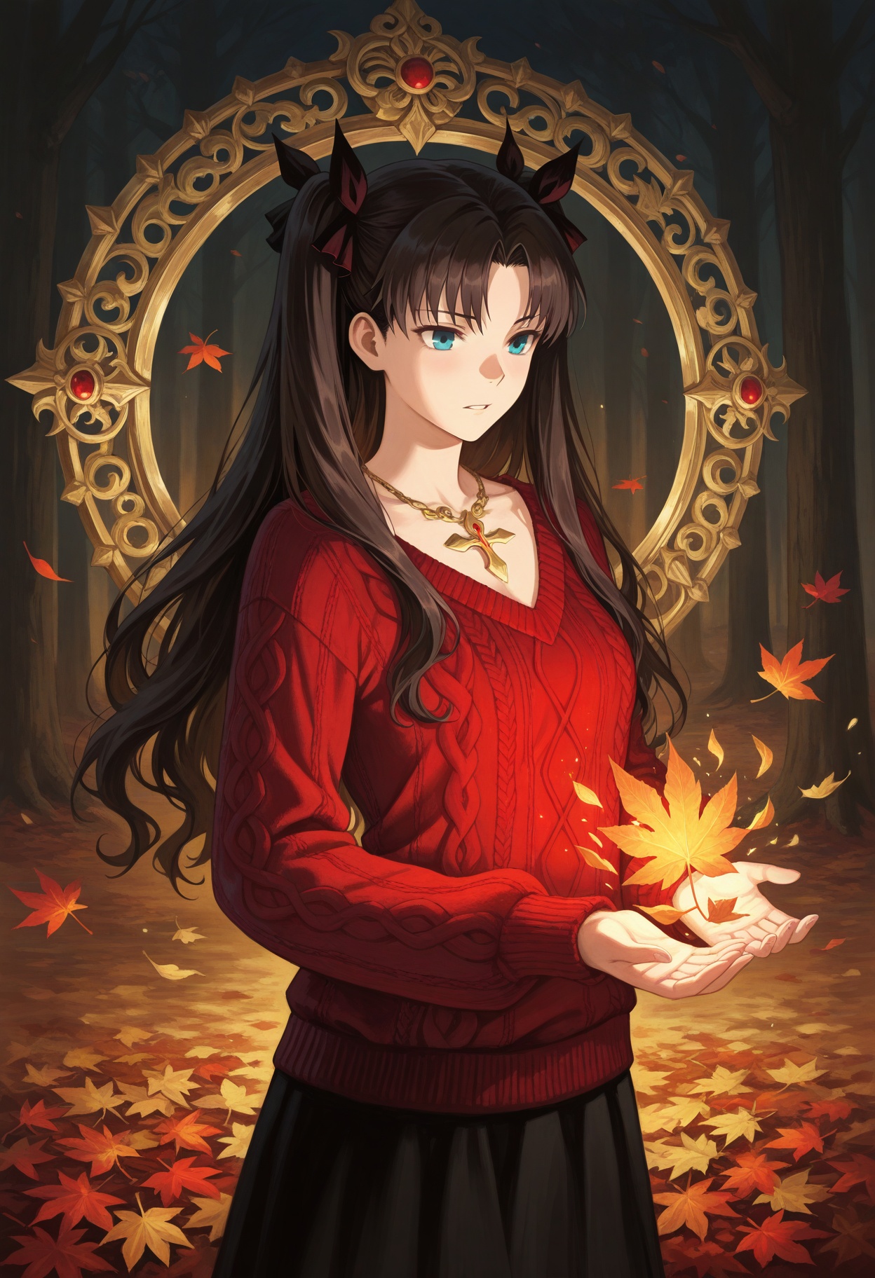 fantasy oil painting,  tohsaka rin in velvet sweater,  gold leaf accent details on Tensor.Art
