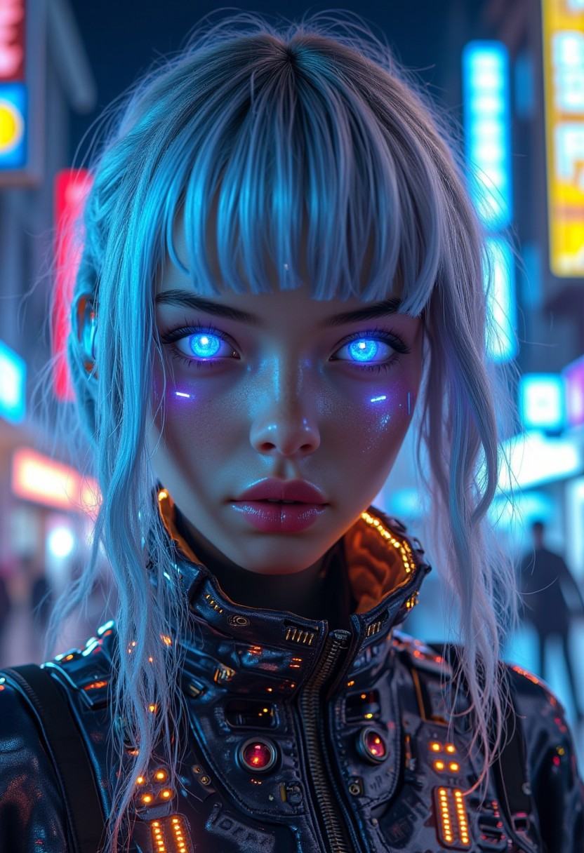 Photorealistic shot of a young cyber-girl with vibrant,  neon-lit features,  set in a bustling cyberpunk metropolis at nig...