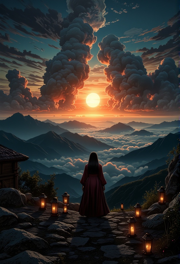 An awe-inspiring sunset scene of sun rays breaking through misty clouds,  with rolling mountains in the background. The li...