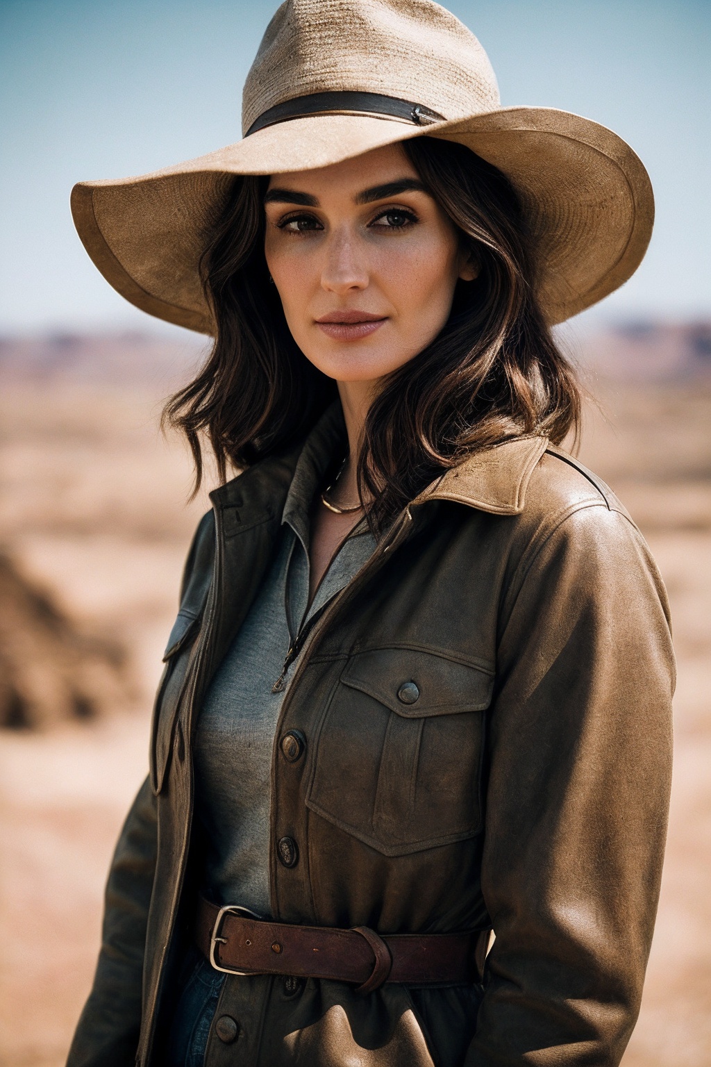 PazV_SoloTI_v1,  (In rugged explorer attire of weathered leather and khaki,  adorned with utility pockets and fossil-theme...