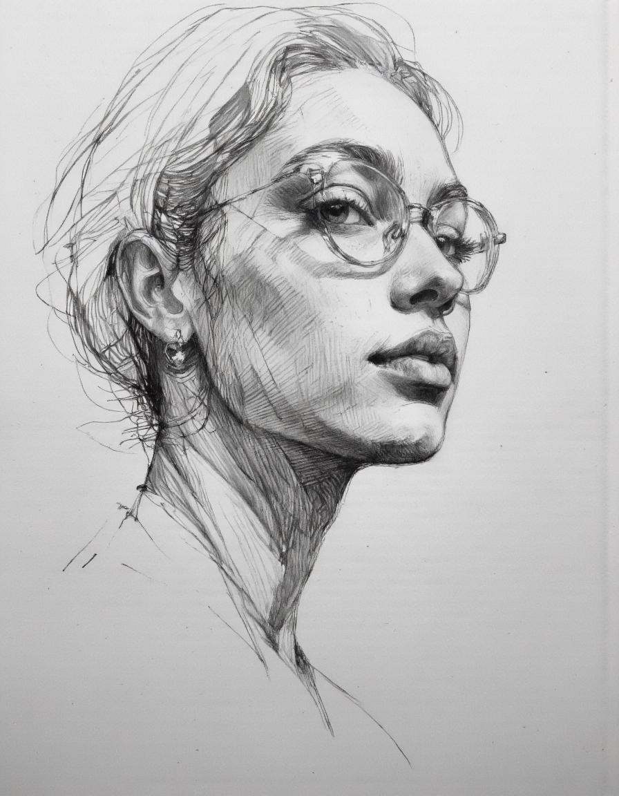 This is a highly detailed,  monochromatic pencil drawing of a woman's profile,  captured in a realistic style on oiled pap...