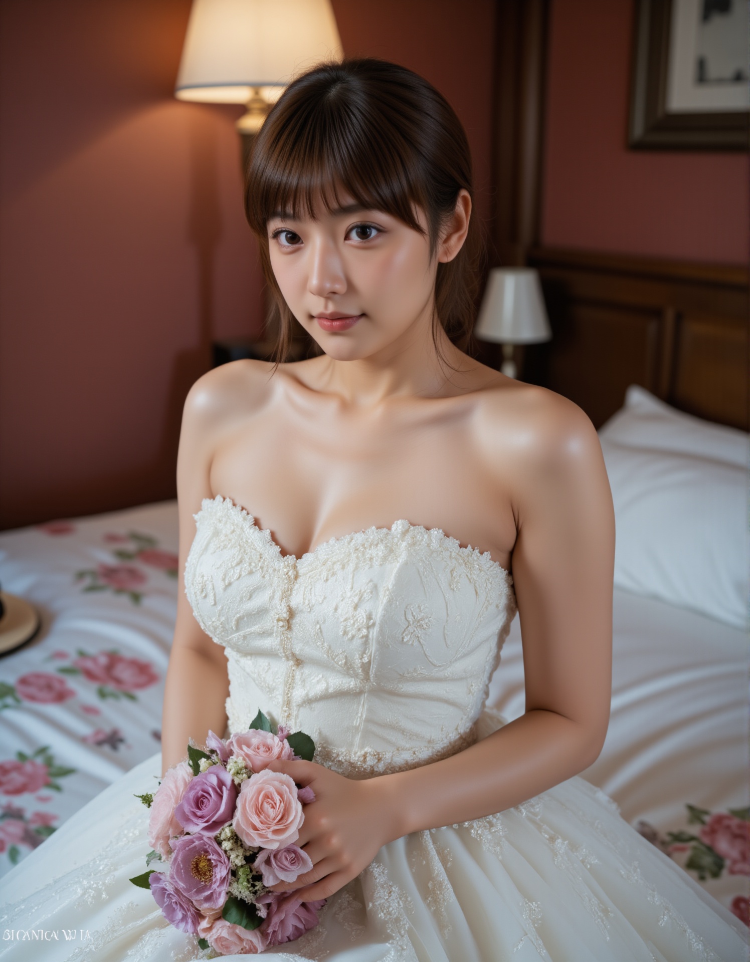 A high-quality photograph of a young woman with fair skin and delicate features,  wearing a strapless white wedding dress...