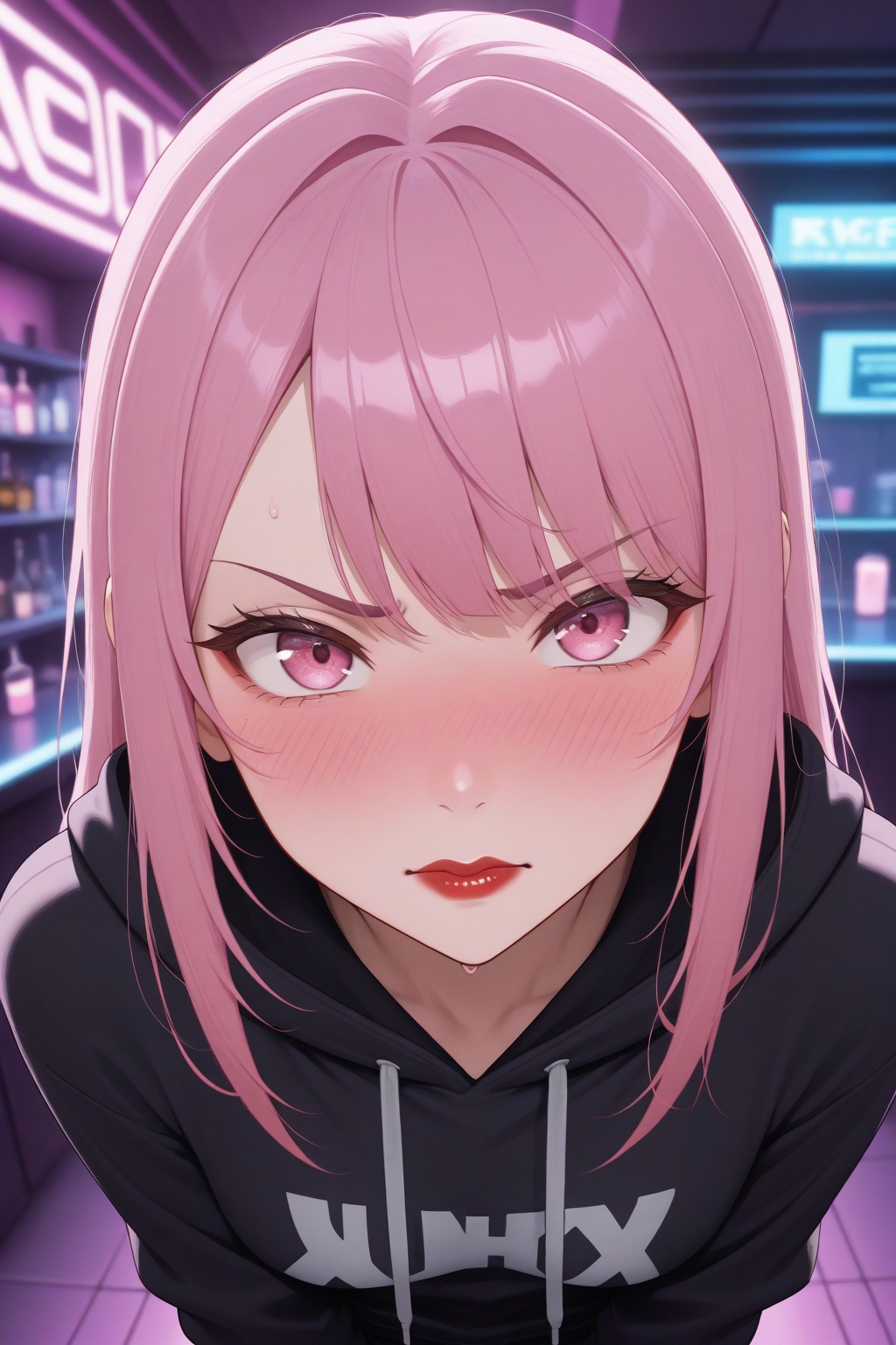masterpiece, best quality, amazing quality, very aesthetic, high resolution, ultra-detailed, absurdres, newest, 8k UHD, POV, close up, 1girl, solo, look at viewer, short pink hair, bangs, pink eyes, red lips, tsundere, blushing, angry cute face, cyberpunk style, bar, standing, black hoodie, red shirt