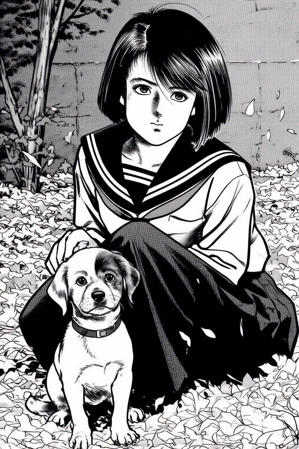 ryoichiikegami2q illustration. Black and white drawing.A young girl and a small puppy sitting on a ground covered with sca...