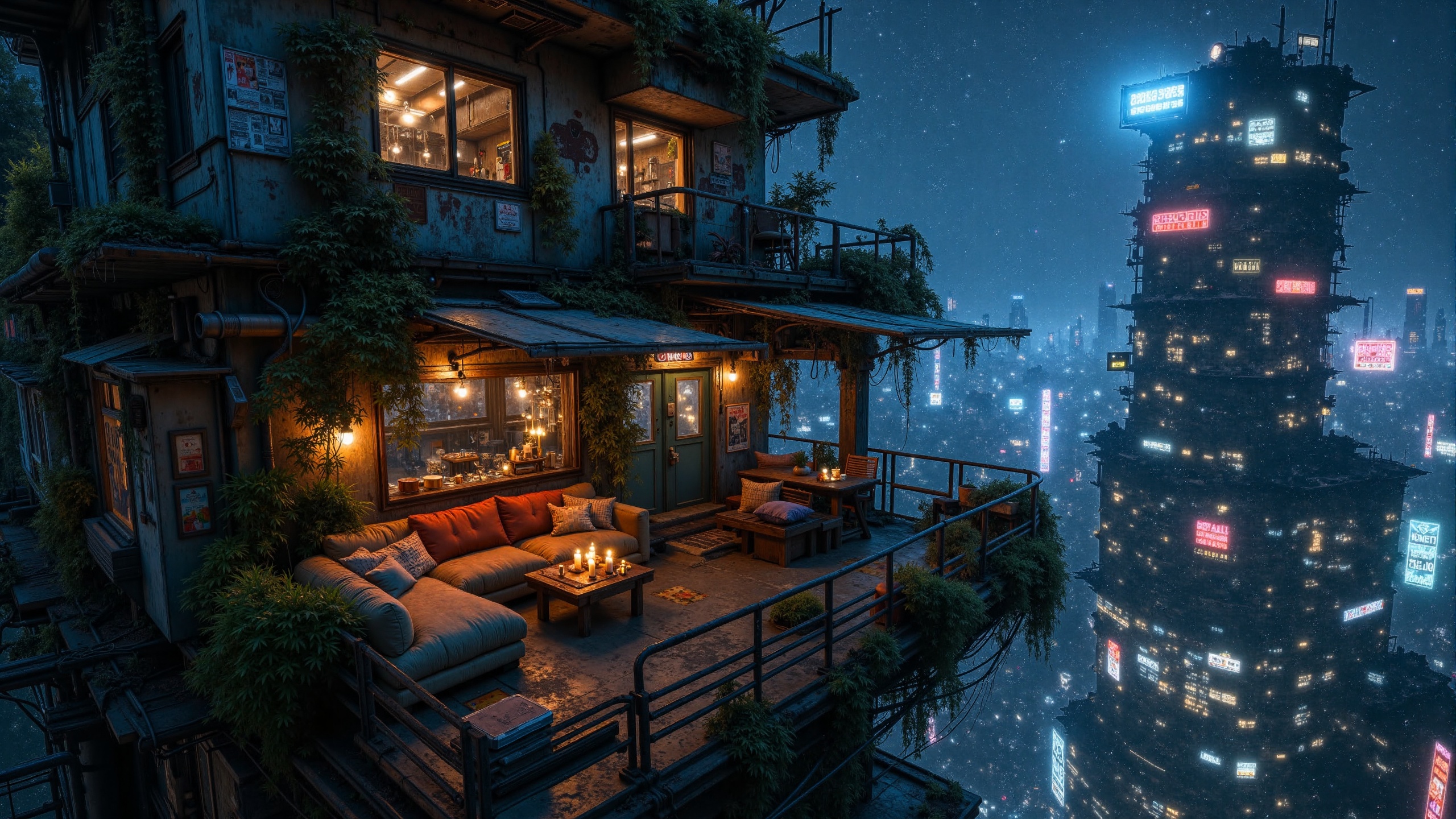 The image shows a futuristic city at night with a lot of buildings,  sofas,  tables on Tensor.Art