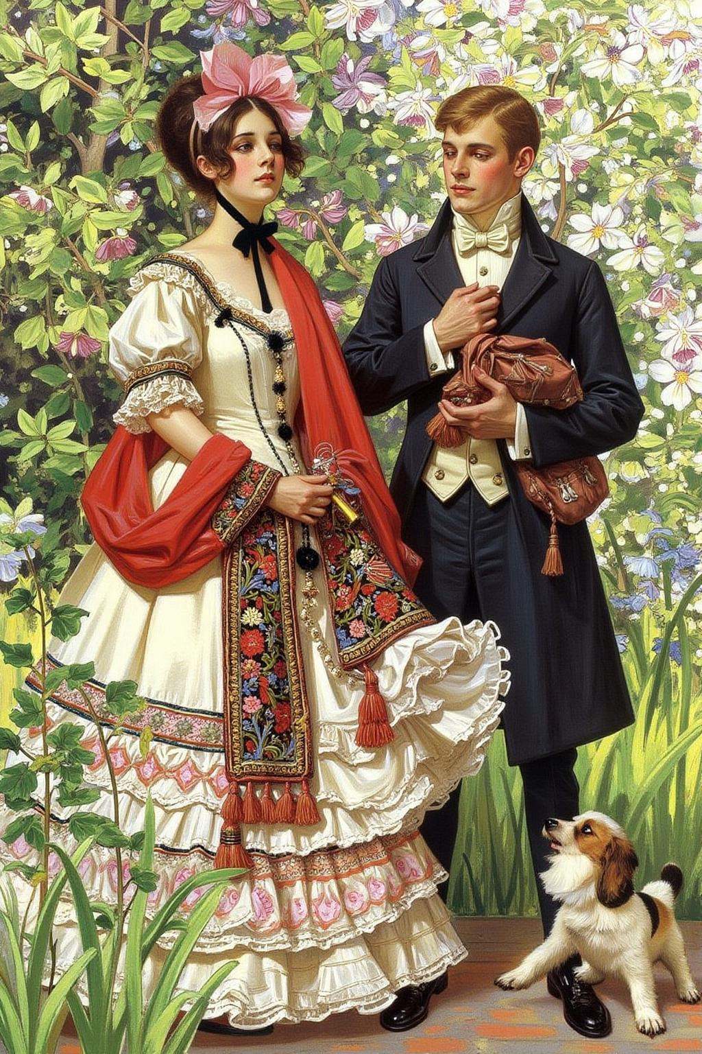jcleyen1 painting. The scene depicts a romantic,  pastoral setting from the Victorian era,  with a couple standing in a lu...