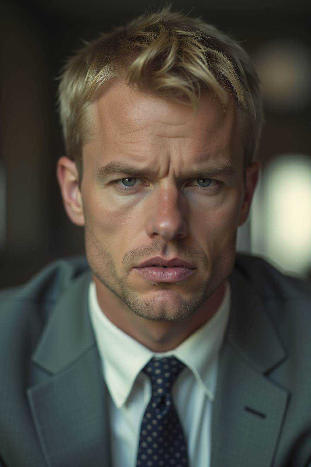 HDR photo of cinematic film still,  This is a photo of a man with short blond hair. He is wearing a gray suit,  with his m...