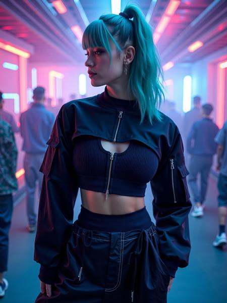 mad-cbrpnkjckt01,  woman wearing croptop and shrugs,  black cargo pants on Tensor.Art