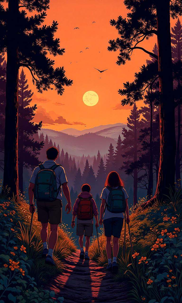 The sky is a deep shade of orange,  casting a warm glow over the forest. Three hikers,  each with a unique style on Tensor...