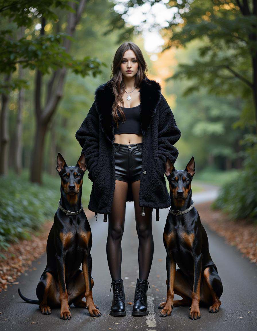This is a high-resolution cinematic photograph featuring a young woman and two Doberman Pinschers. The woman is standing i...
