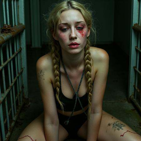 A beautiful young blonde woman with braided pigtails,  she has a bruised face and a tear-streaked face. Her striking body...