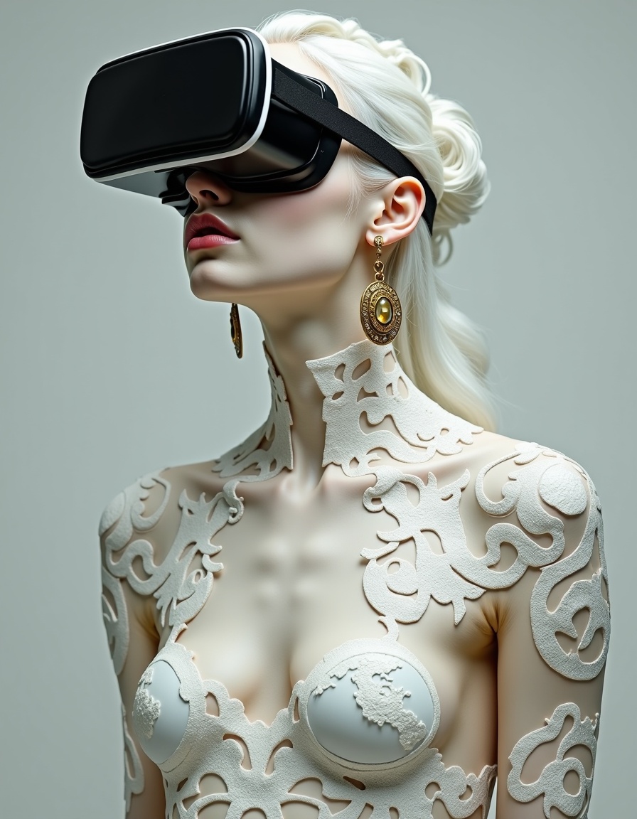 Studio_Punkji,  Dreamlike image of a human body inlaid with mother-of-pearl and opal,  apathetic expression on an albino f...