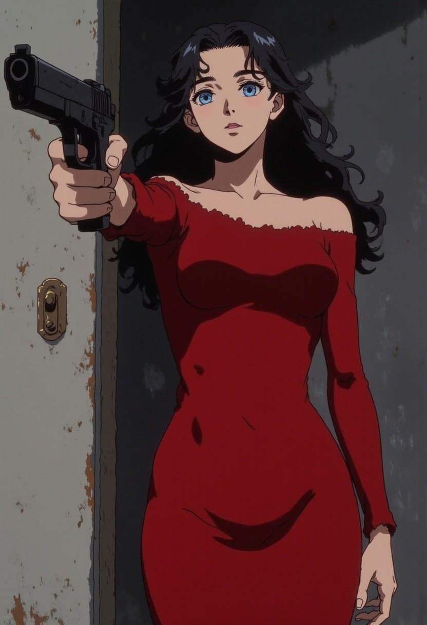 3986738193,  Woman in a red dress holds a gun and points it at the viewer. on Tensor.Art
