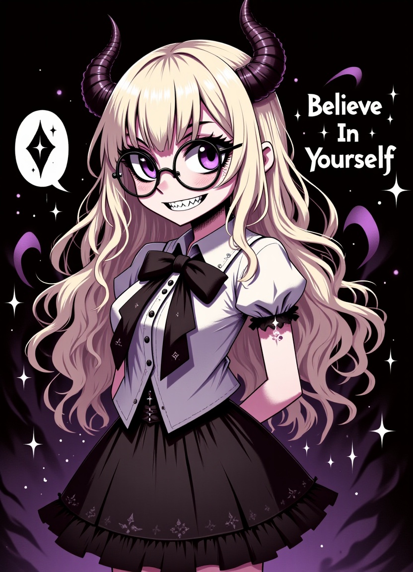 A young woman with SFW wavy long platinum blonde hair and a fitting expression is holding an item and has teeth,  glasses...