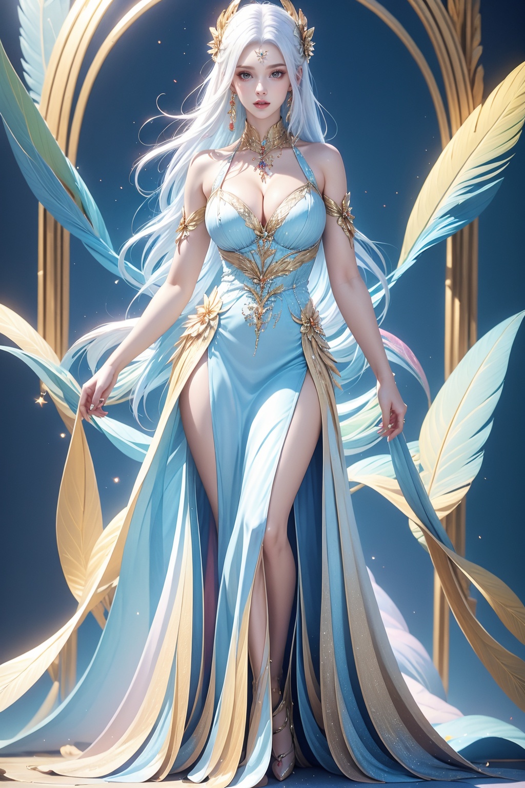 1girl, solo, long hair, jewelry, necklace, breasts, dress, parted lips, looking at viewer, feathers, cleavage, dress, pale skin, white hair, full body, simple background,<lora:AgainHandFix_v1:0.1>