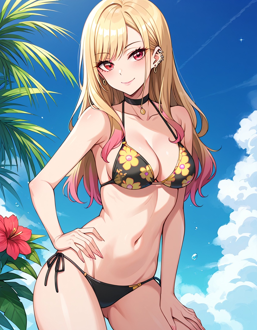 kitagawa marin,  A young woman with long blonde hair and red eyes. she is wearing a black bikini with colorful flowers on...