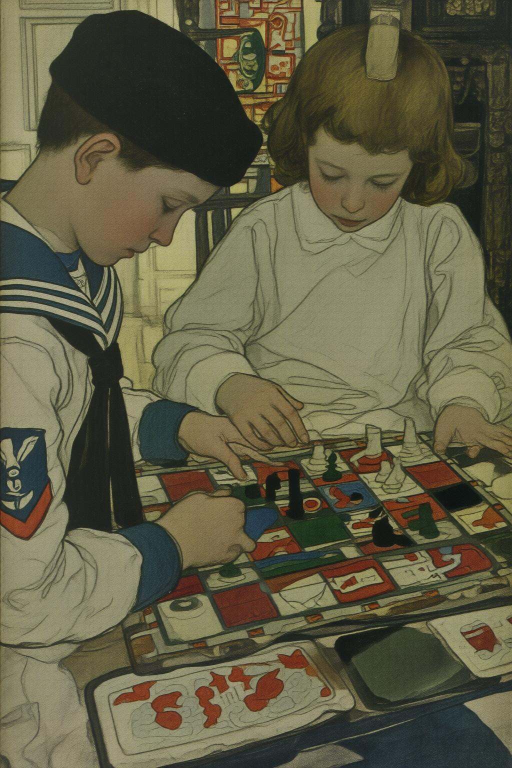 elizabethshippengreen2q illustration.Two children,  a boy and a girl,  engaged in a board game.The boy on Tensor.Art